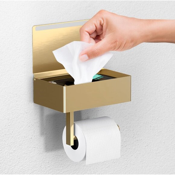 Other - Day Moon Brushed Gold Toilet Paper Holder with Shelf, Wipe Holder for Bathroom F